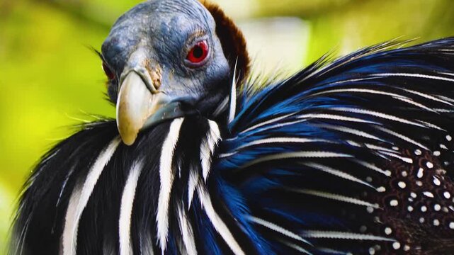 Close up profile view of guinea fowl bird head, sitting ina tree ona sunny spring day