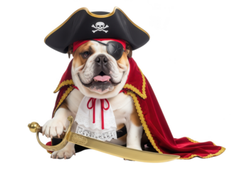 Vector art of an english bulldog dressed as a pirate, wearing a hat and cape, holding a sword