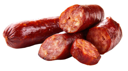 Close up of sliced chorizo sausage isolated on transparent background
