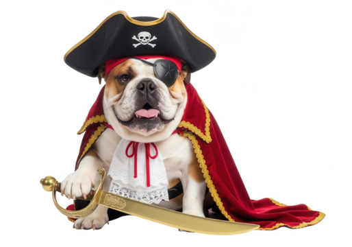 Vector art of an english bulldog dressed as a pirate, wearing a hat and cape, holding a sword