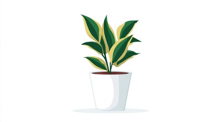 A simple illustration of a potted houseplant with green and yellow variegated leaves in a white pot on a white background.
