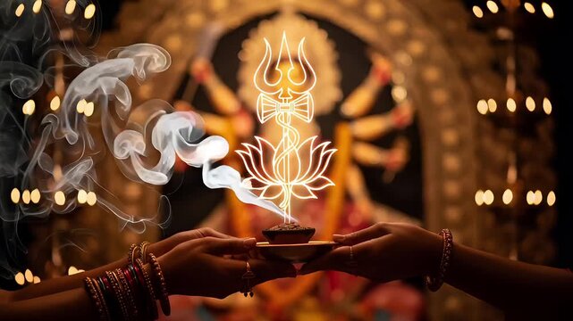Glowing Trishula Symbol Puja Between Hands During Navratri Maa Durga Festival Ceremony