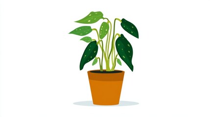 Potted green houseplant with a leaf is growing in a flowerpot on white background, a symbol of nature and life