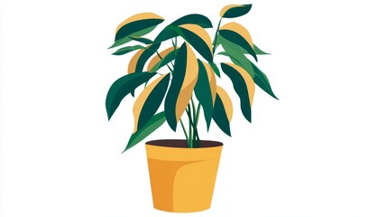 A vibrant illustration of a potted houseplant with striking green and yellow variegated leaves in a bright yellow pot.