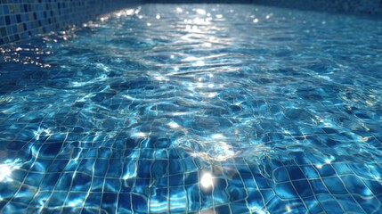 Sunlit, shallow pool water displays gentle ripples and shimmering reflections on a blue tiled bottom.  The perspective is low, close to the surface