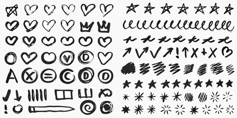 Collection of hand drawn black ink doodle icons and symbols on white background