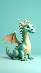 Obraz premium A vibrant green dragon figurine with intricate scales and shimmering eyes sits majestically atop a rustic wooden table, casting playful shadows.