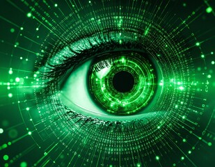 A striking green eye surrounded by swirling binary code, symbolizing the fusion of technology and vision, set against a dark, digital backdrop.