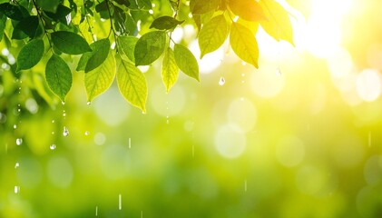 Obraz premium A vibrant green leaf glistens with fresh water droplets, reflecting light and showcasing intricate veins, set against a blurred natural background.