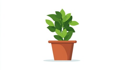 Fototapeta premium A simple vector illustration of a green leafy houseplant in a brown terracotta pot, isolated on a white background.