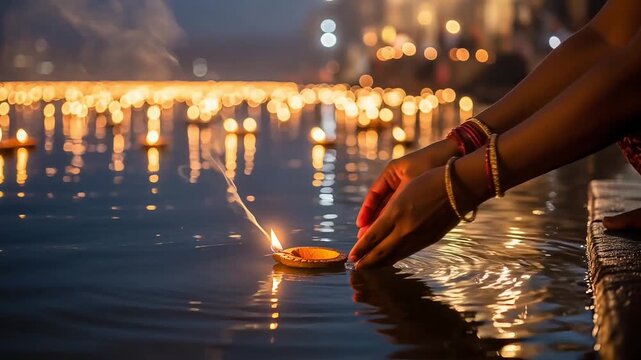 Karthika Deepam with devotees offering lamps in water