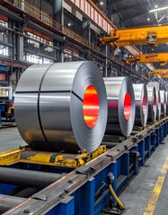Steel coils on a factory conveyor