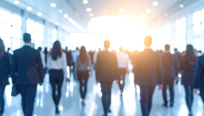 A diverse group of professionals, including men and women of various ethnicities, stroll through a modern office space, engaged in conversation.