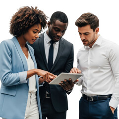 Three business professionals collaborating over a tablet isolated on transparent background