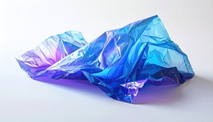 Fototapeta premium A crinkled translucent blue and purple sheet lies on a white surface, shadows visible