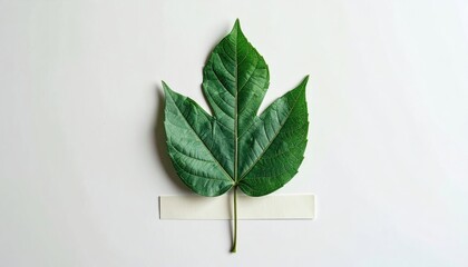 A single, vibrant green leaf is taped to a white surface, a botanical study