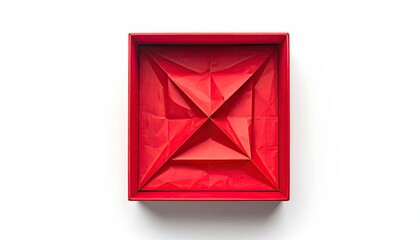 Square red box, top-down view, containing a folded paper design, on white background