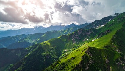 Fototapeta premium Lush mountain range, bright sunlight