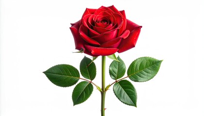 Isolated vibrant red rose with green leaves and stem, against a clean white background