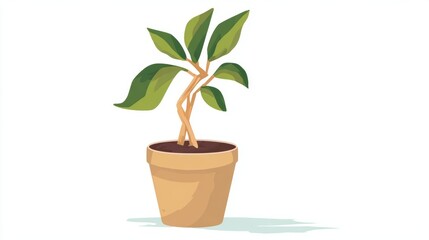 Obraz premium Illustration of a potted plant with a braided trunk and green leaves, perfect for home decor.