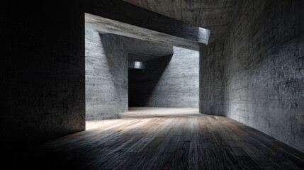Empty Dark Modern Interior with Concrete and Wood Surfaces