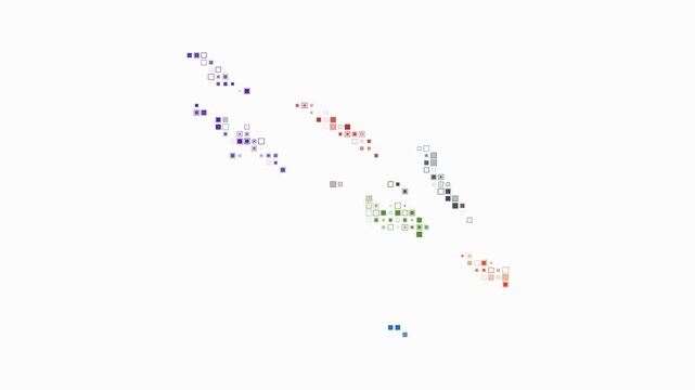 Solomon Islands animated country shape. Pulsating colored dots on the map of the country. Small size square blocks. Digital style Solomon Islands map on white background. Trending animation video.