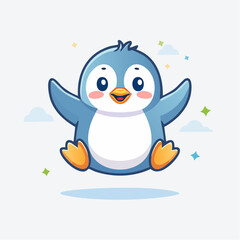 Naklejka premium Cute Cartoon Penguin with Big Smile and Happy Pose in Mid-Air surrounded by Stars and Clouds