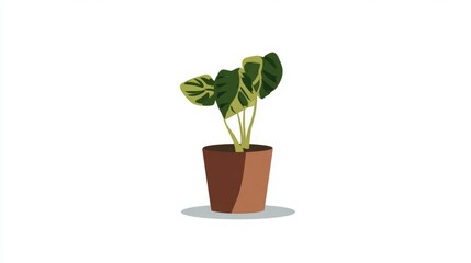 A potted plant with large, variegated green and yellow leaves stands in a brown pot against a white background.