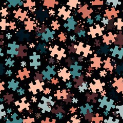 Abstract dark backdrop of scattered, colorful puzzle pieces