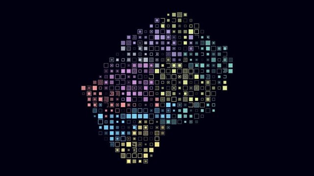 Lesotho animated country shape. Pulsating colored dots on the map of the country. Large size square blocks. Digital style Lesotho map on dark background. Trending animation video.