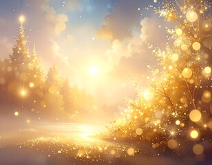 Naklejka premium Glowing gold and white festive landscape with light and trees