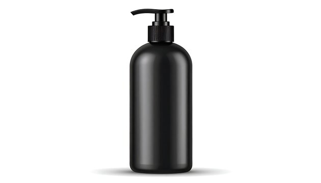 Matte black cylindrical bottle with pump dispenser, isolated on white background