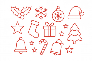 Christmas holiday symbols line art seamless pattern on transparent background representing festive vector icons
