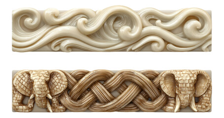 Elegant Carved Elements with Wave and Elephant Designs on White Background