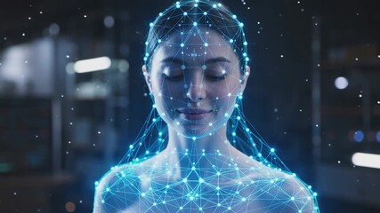 Woman with closed eyes overlaid with glowing blue neural network lines and nodes in futuristic digital interface. Artificial intelligence and biometric technology concept. Design for banner, poster, w - Powered by Adobe