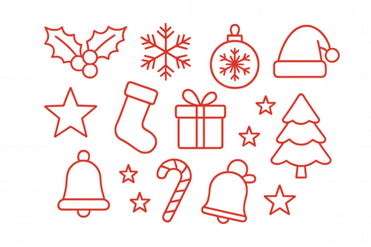 Christmas holiday symbols line art seamless pattern on transparent background representing festive vector icons