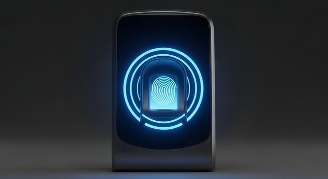 Modern biometric fingerprint scanner glowing with blue neon light on a dark background. Futuristic security technology concept for digital identification, passwordless login, authentication system, da