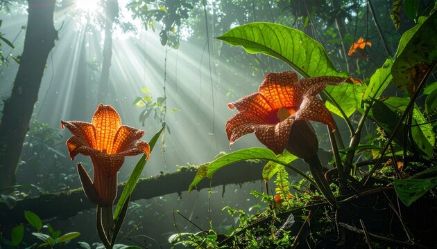A single Rafflesia flower in misty jungle ambiance, atmospheric light rays
