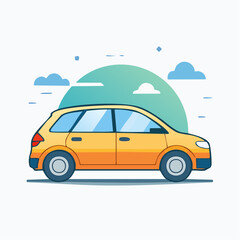 Obraz premium A vibrant cartoon illustration featuring a yellow car with blue accents, set against a backdrop of clouds and a gradient green circle.