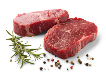 Raw beef steak with rosemary and peppercorns on white or transparent background
