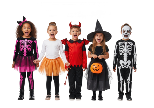 Vector art of five diverse children in halloween costumes, including skeleton, witch, and devil, smiling and posing together