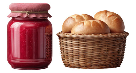 Jar of Jam and Fresh Bread Rolls on Transparent Background