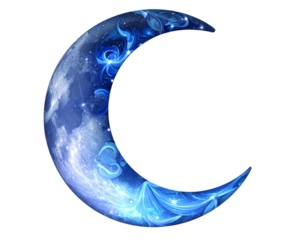  Fantasy Crescent Moon with Radiant Blue Leaf Glow PNG