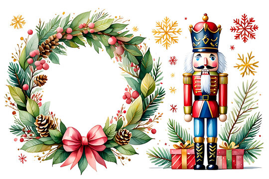 Festive watercolor Christmas arrangement with nutcracker wreath gifts and snowflakes creating a joyful holiday season