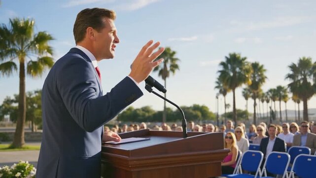Man in suit speaking at outdoor podium with microphone in front of seated audience and palm trees on sunny day. Public speech and political event concept. Design for banner, poster, postcard, header
