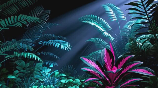 Tropical jungle foliage with vibrant pink and blue leaves illuminated by dramatic light rays in dark environment. Exotic plant and nature concept. Design for wallpaper, poster, banner, header