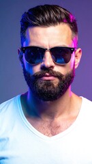 Fototapeta premium A stylish man sporting trendy sunglasses and a well-groomed beard, exuding confidence and charisma against a vibrant urban backdrop.