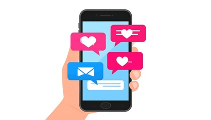 Hand holding smartphone displaying notifications; hearts, messages