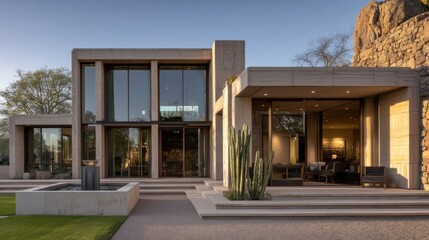 Fototapeta premium Modern residential architecture with glass and concrete facade, large windows, flat roof, rock formations,