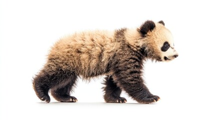 Obraz premium Young panda bear walking side view against a bright white background